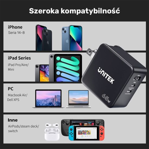 Unitek Ładowarka GaN, PD 65W, podróżna, 3 porty Unitek Ładowarka GaN, PD 65W, podróżna, 3 porty