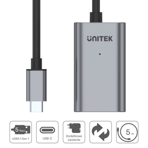 Unitek U304A wzmacniacz sygnału USB-C na USB(A) 5M Unitek U304A wzmacniacz sygnału USB-C na USB(A) 5M